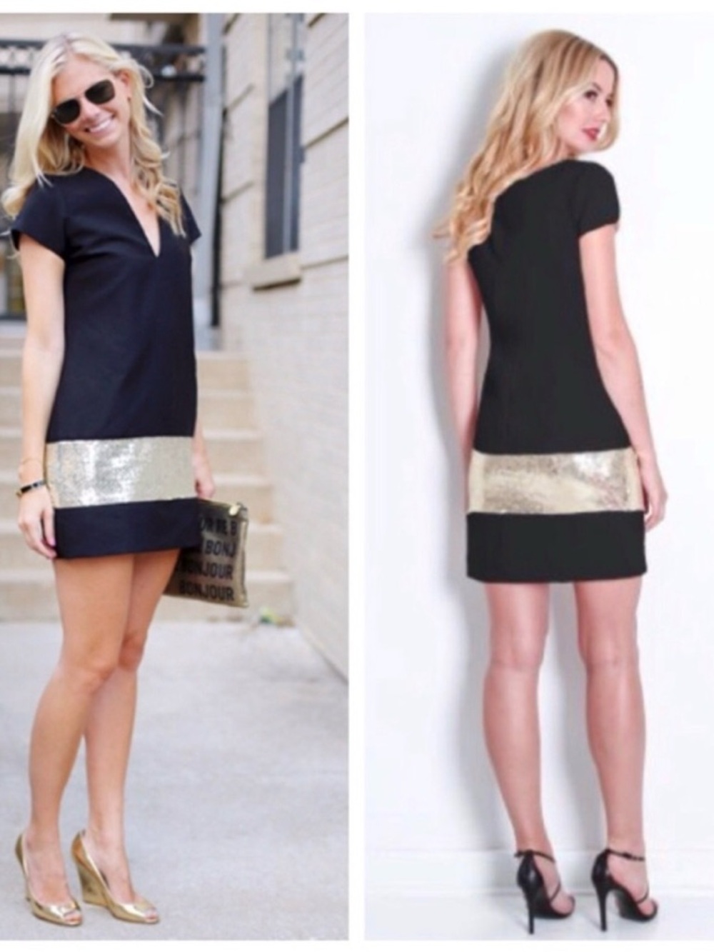 Camilyn Beth Black Satin Deep V Dress with Gold Sequin Band